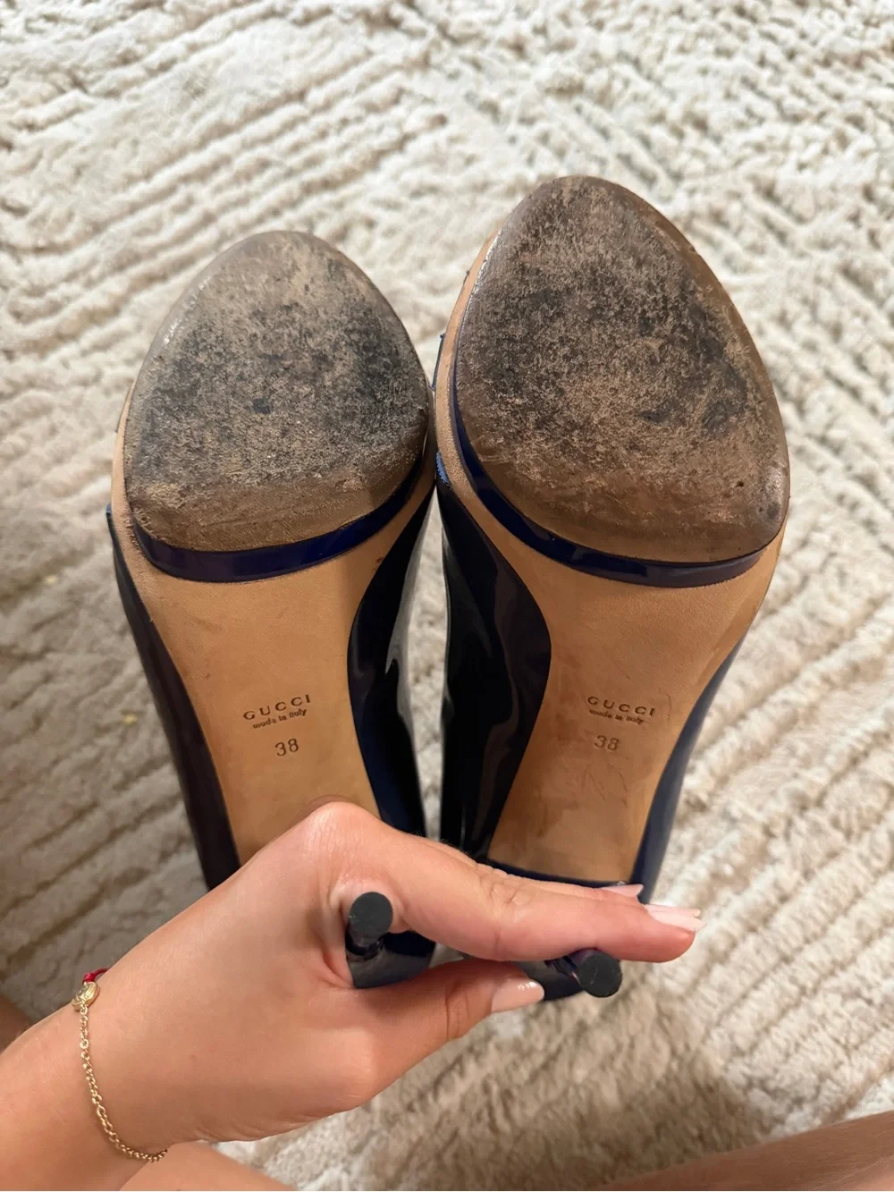 Gucci Patent Navy Blue Peep-Toe Stiletto Heels